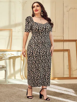 Elegant Leopard Zipper Short Sleeve Square Neck Straight Natural Long Plus Size Dress