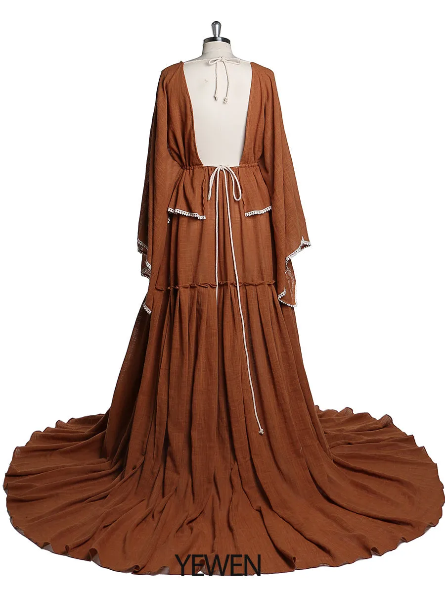 Elegant Maternity Dresses for Photo Shoot Long Flare Sleeves Side Slit Pregnancy Dress Cotton Maxi Dress YEWEN YW221207