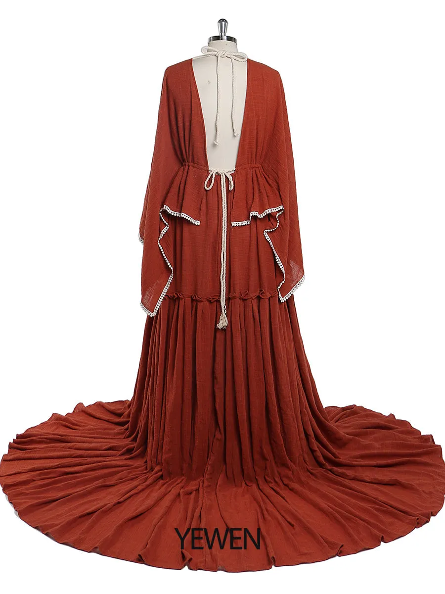 Elegant Maternity Dresses for Photo Shoot Long Flare Sleeves Side Slit Pregnancy Dress Cotton Maxi Dress YEWEN YW221207