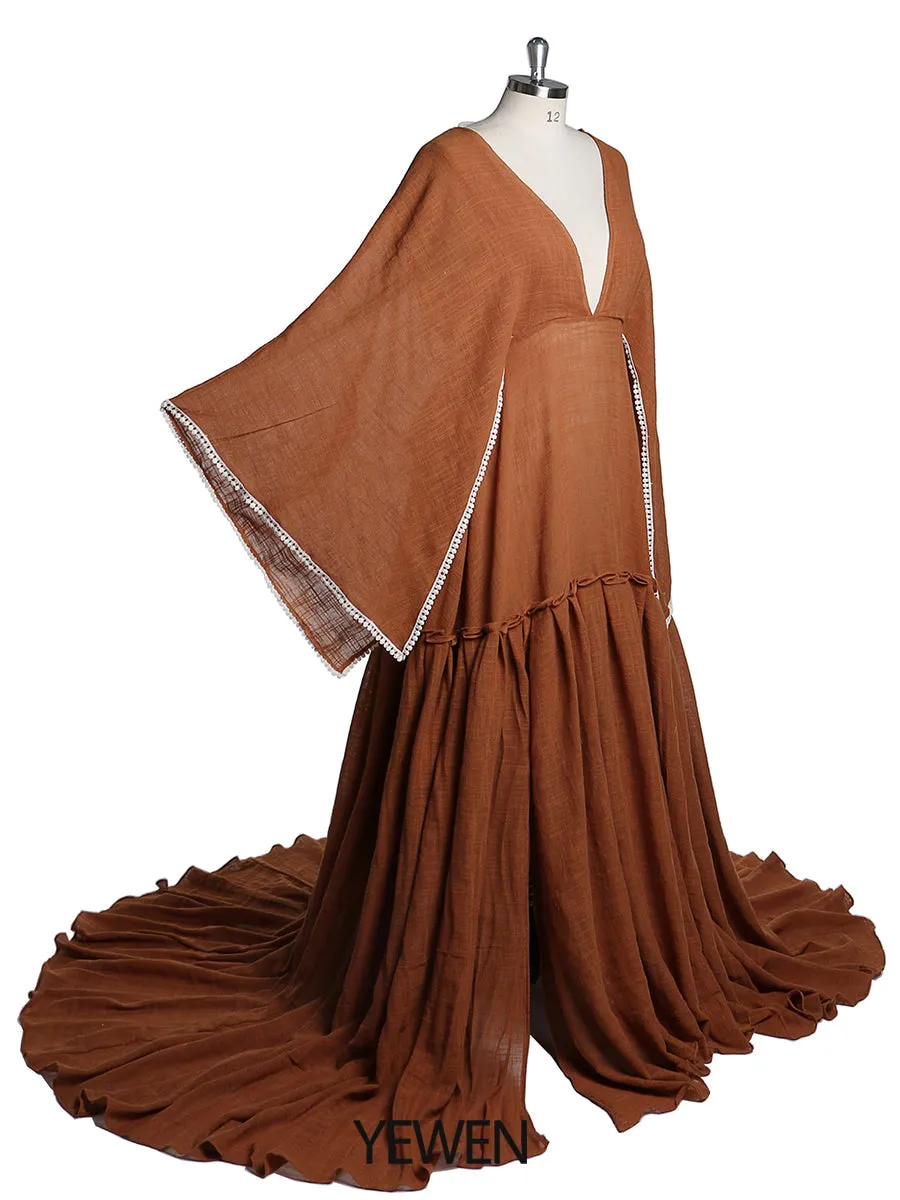 Elegant Maternity Dresses for Photo Shoot Long Flare Sleeves Side Slit Pregnancy Dress Cotton Maxi Dress YEWEN YW221207