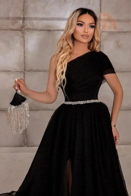 Elegant one shoulder sleeveless a-line 100D-Chiffon evening dresses ribbons