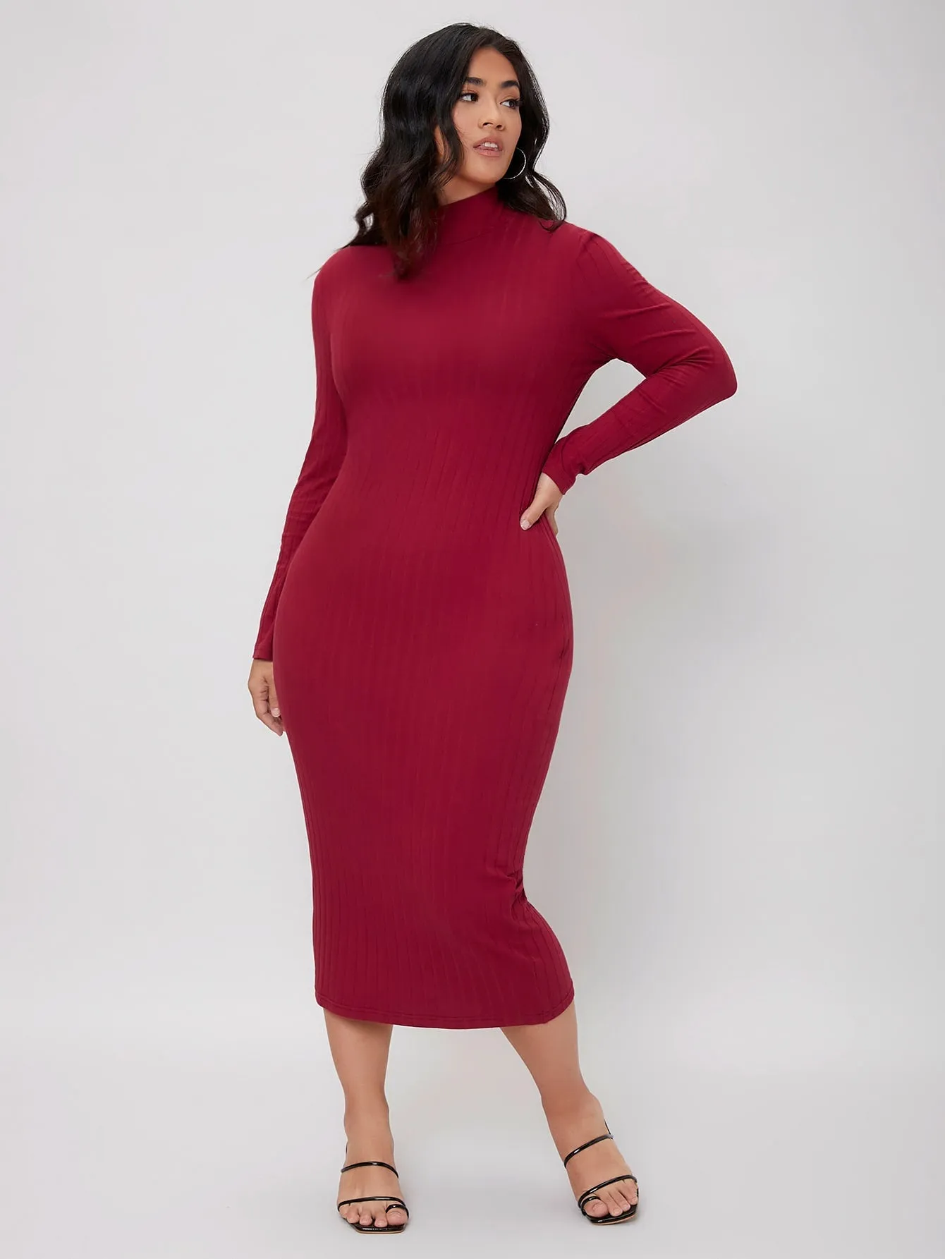 Elegant Plain Rib-Knit Long Sleeve Stand Collar Pencil Natural Long Plus Size Dress