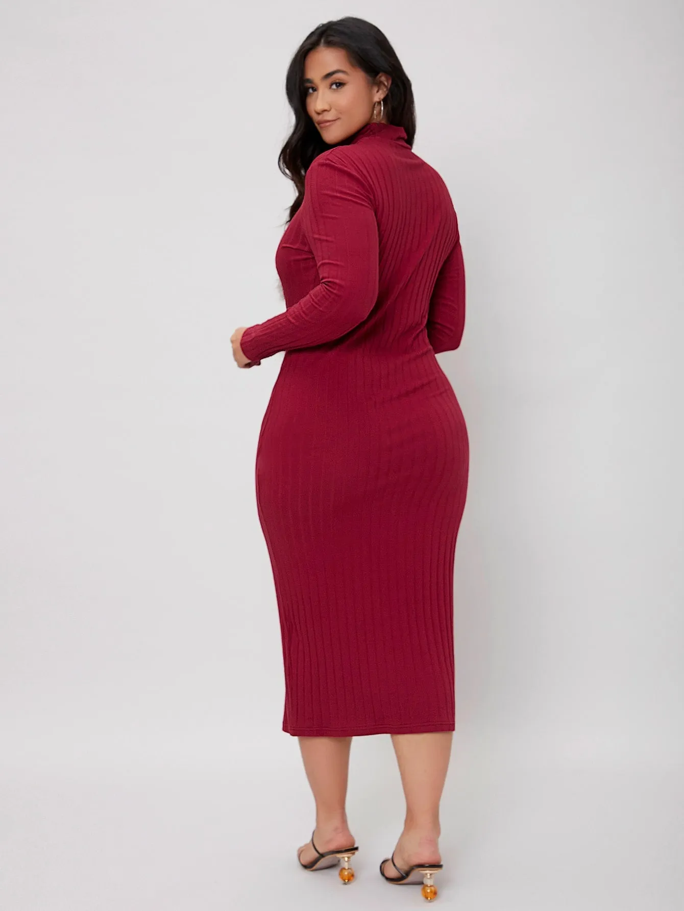 Elegant Plain Rib-Knit Long Sleeve Stand Collar Pencil Natural Long Plus Size Dress