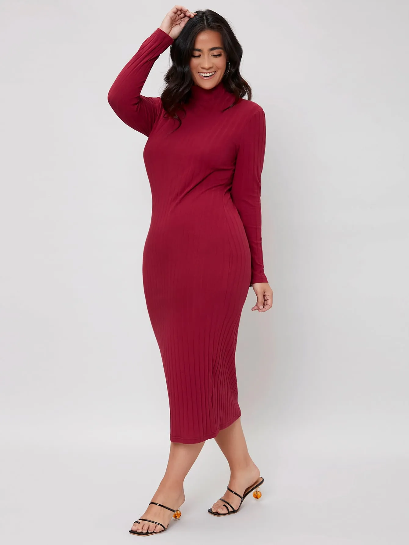 Elegant Plain Rib-Knit Long Sleeve Stand Collar Pencil Natural Long Plus Size Dress