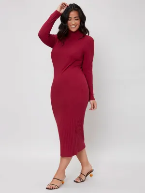 Elegant Plain Rib-Knit Long Sleeve Stand Collar Pencil Natural Long Plus Size Dress