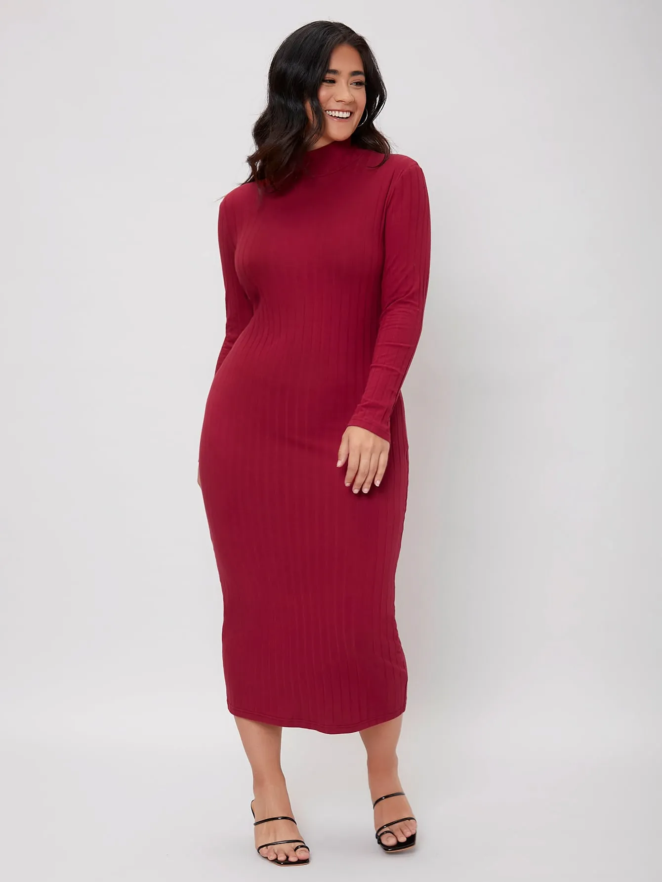 Elegant Plain Rib-Knit Long Sleeve Stand Collar Pencil Natural Long Plus Size Dress