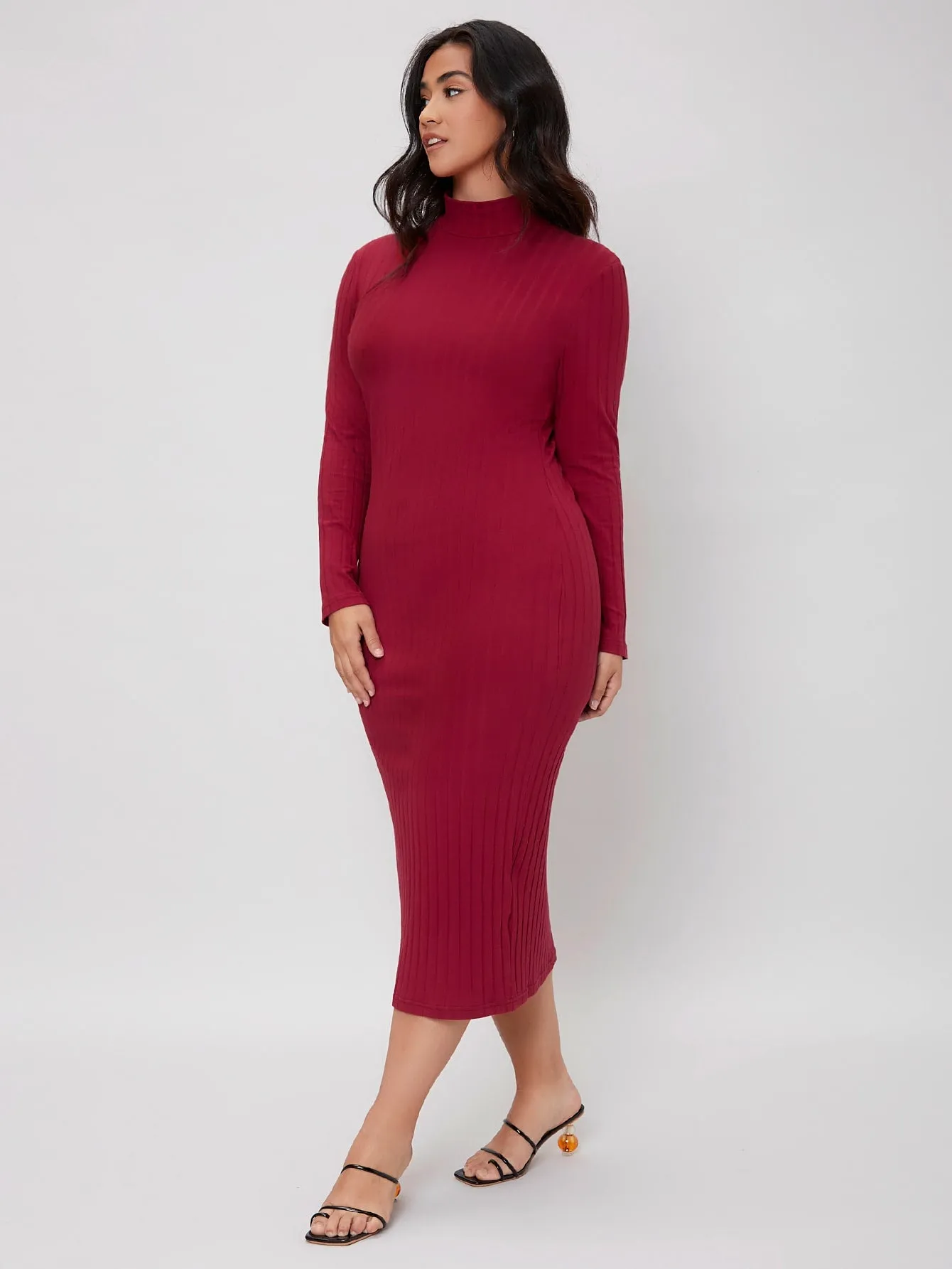 Elegant Plain Rib-Knit Long Sleeve Stand Collar Pencil Natural Long Plus Size Dress
