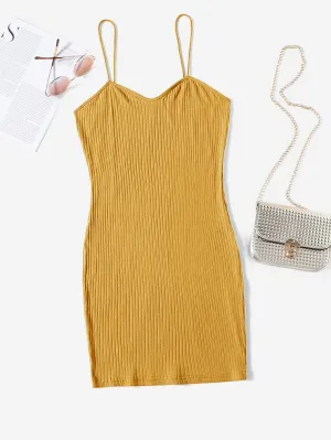Elegant Plain Rib-Knit Sleeveless Spaghetti Strap Pencil Natural Short Plus Size Dress