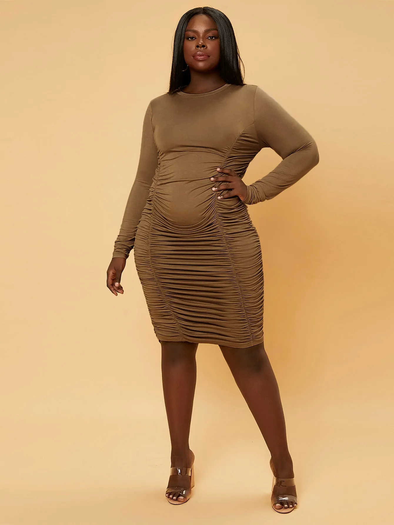 Elegant Plain Ruched Long Sleeve Round Neck Pencil Natural Knee Length Plus Size Dress