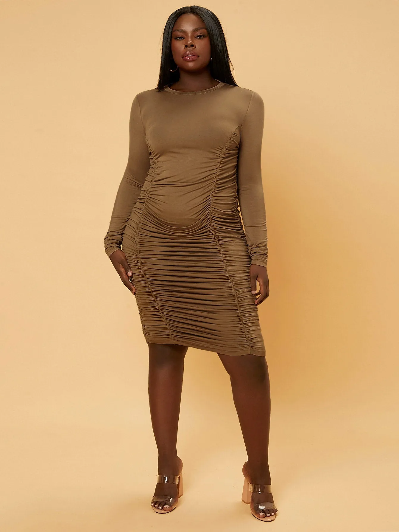 Elegant Plain Ruched Long Sleeve Round Neck Pencil Natural Knee Length Plus Size Dress