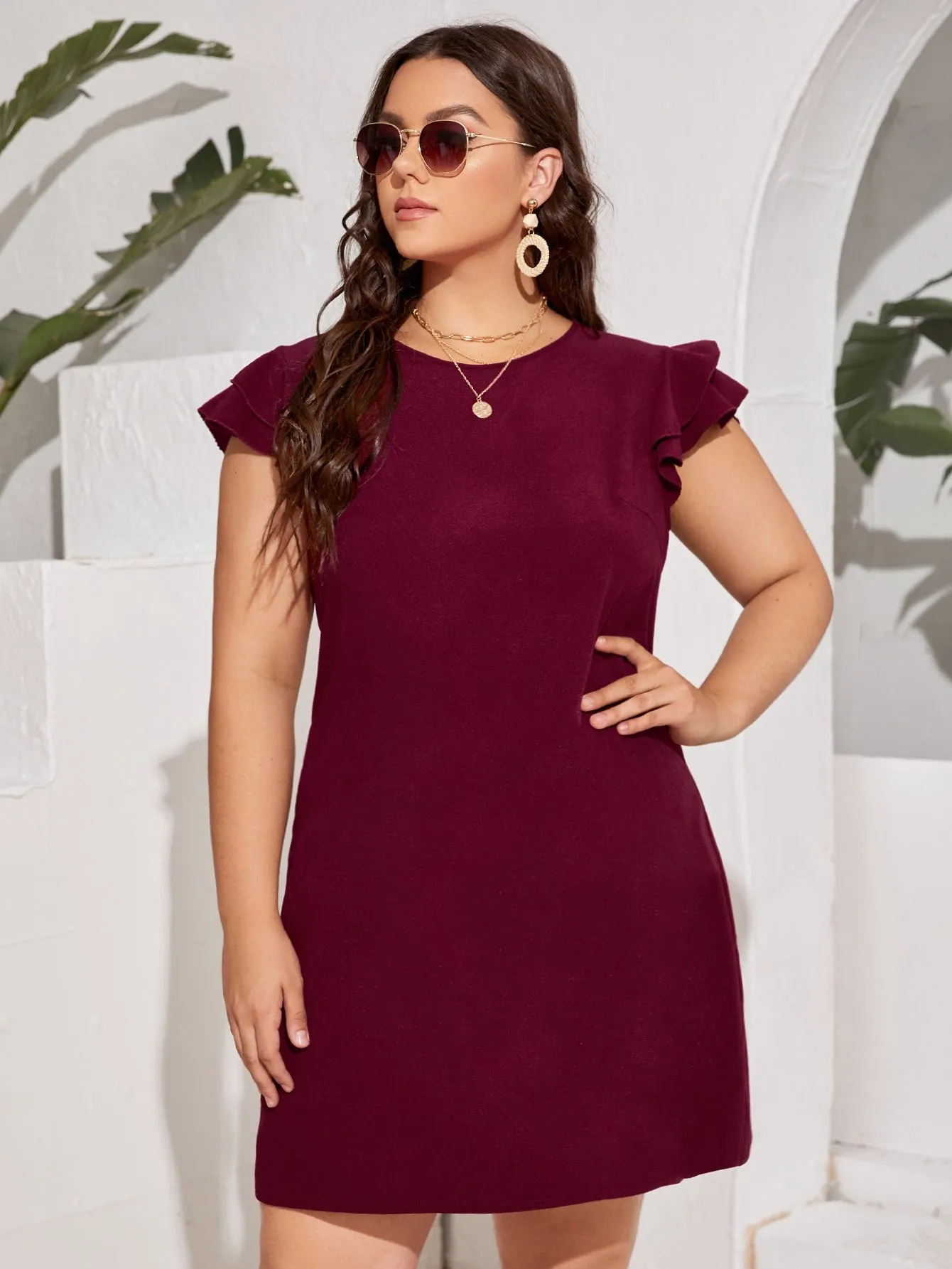 Elegant Plain Ruffle Cap Sleeve Round Neck Straight Natural Short Plus Size Dress