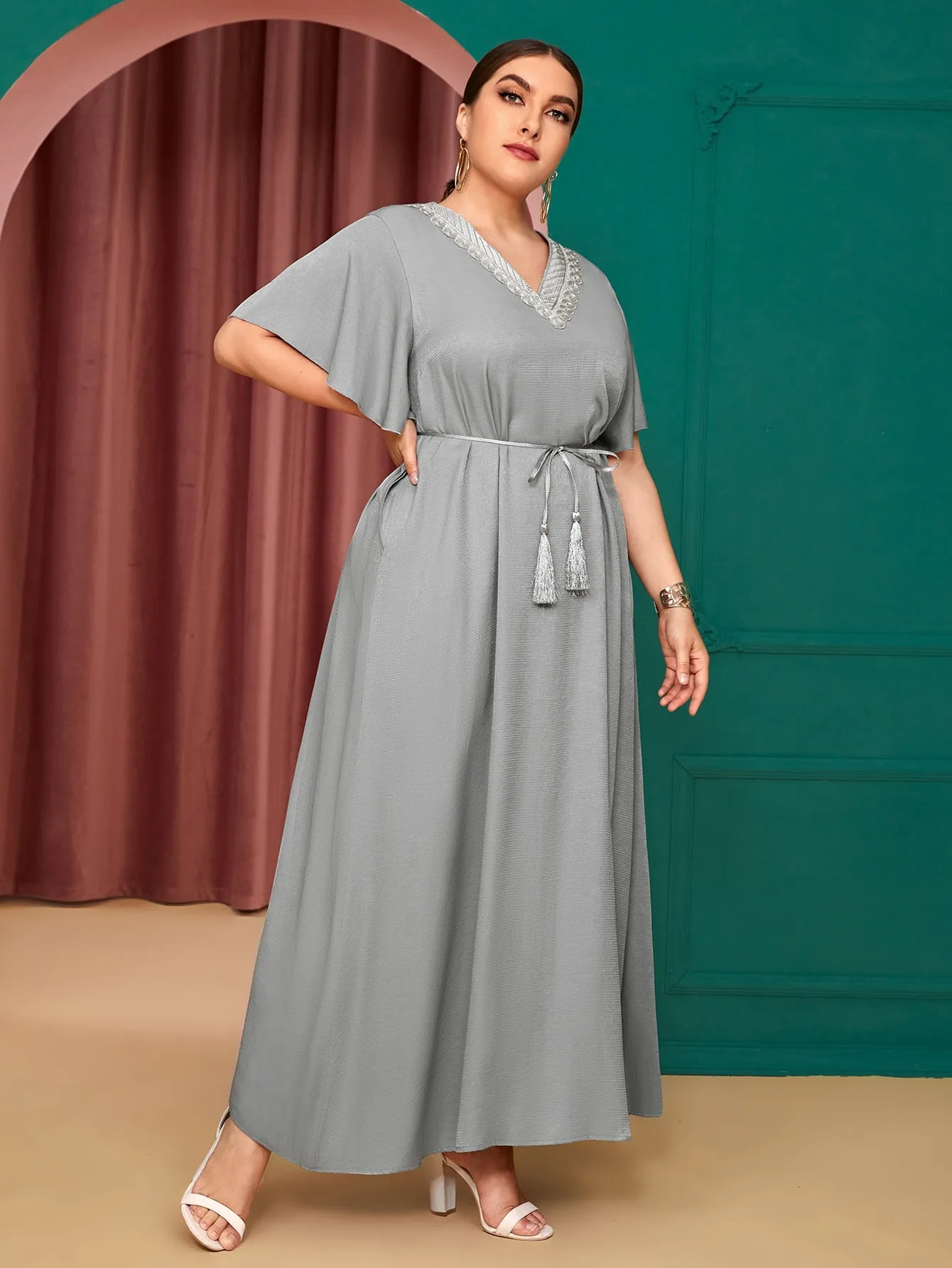 Elegant Plain Ruffle Short Sleeve V Neck Flared High Waist Maxi Plus Size Dress