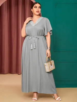 Elegant Plain Ruffle Short Sleeve V Neck Flared High Waist Maxi Plus Size Dress