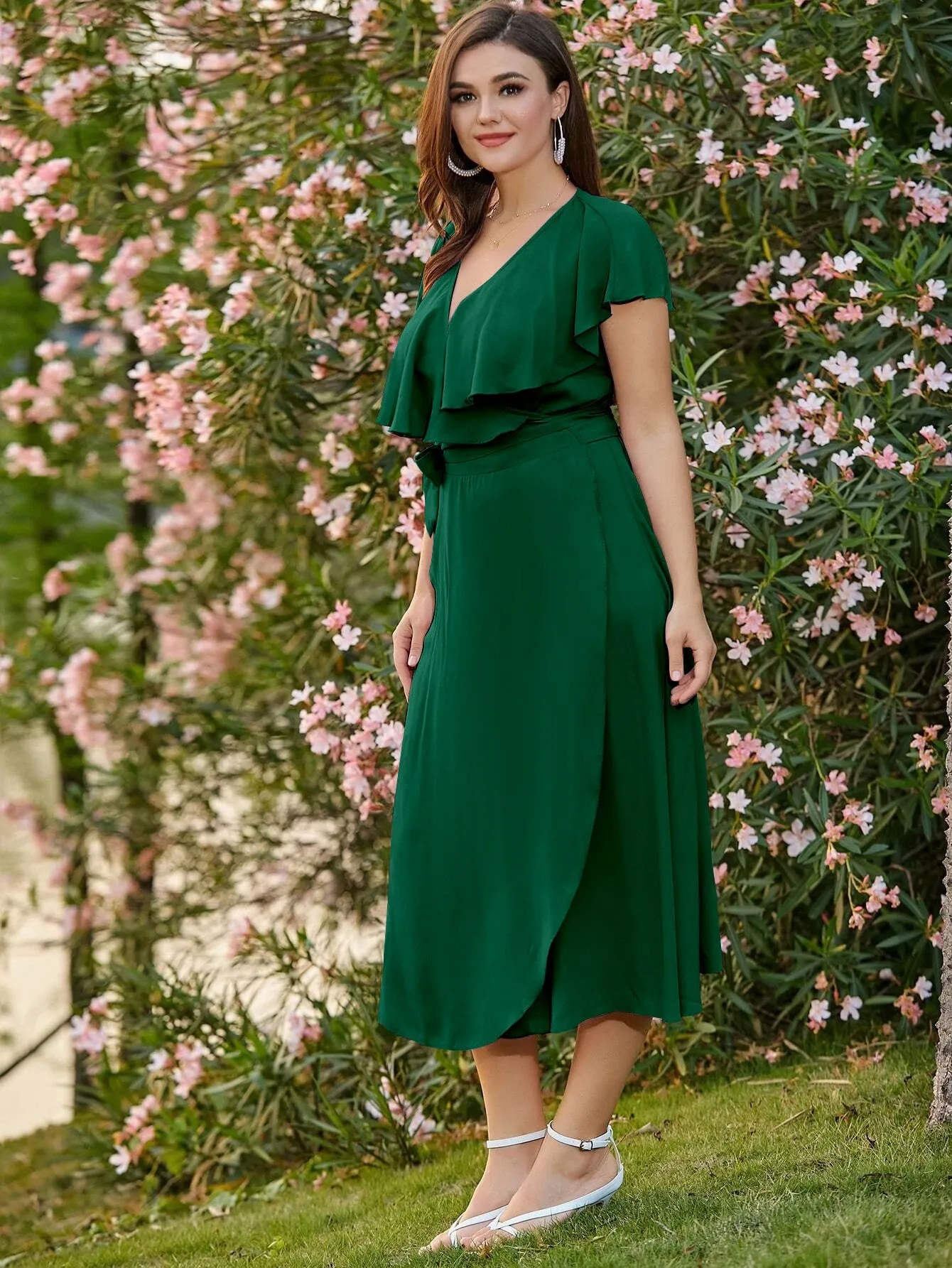 Elegant Plain Ruffle Short Sleeve V Neck Wrap High Waist Long Plus Size Dress