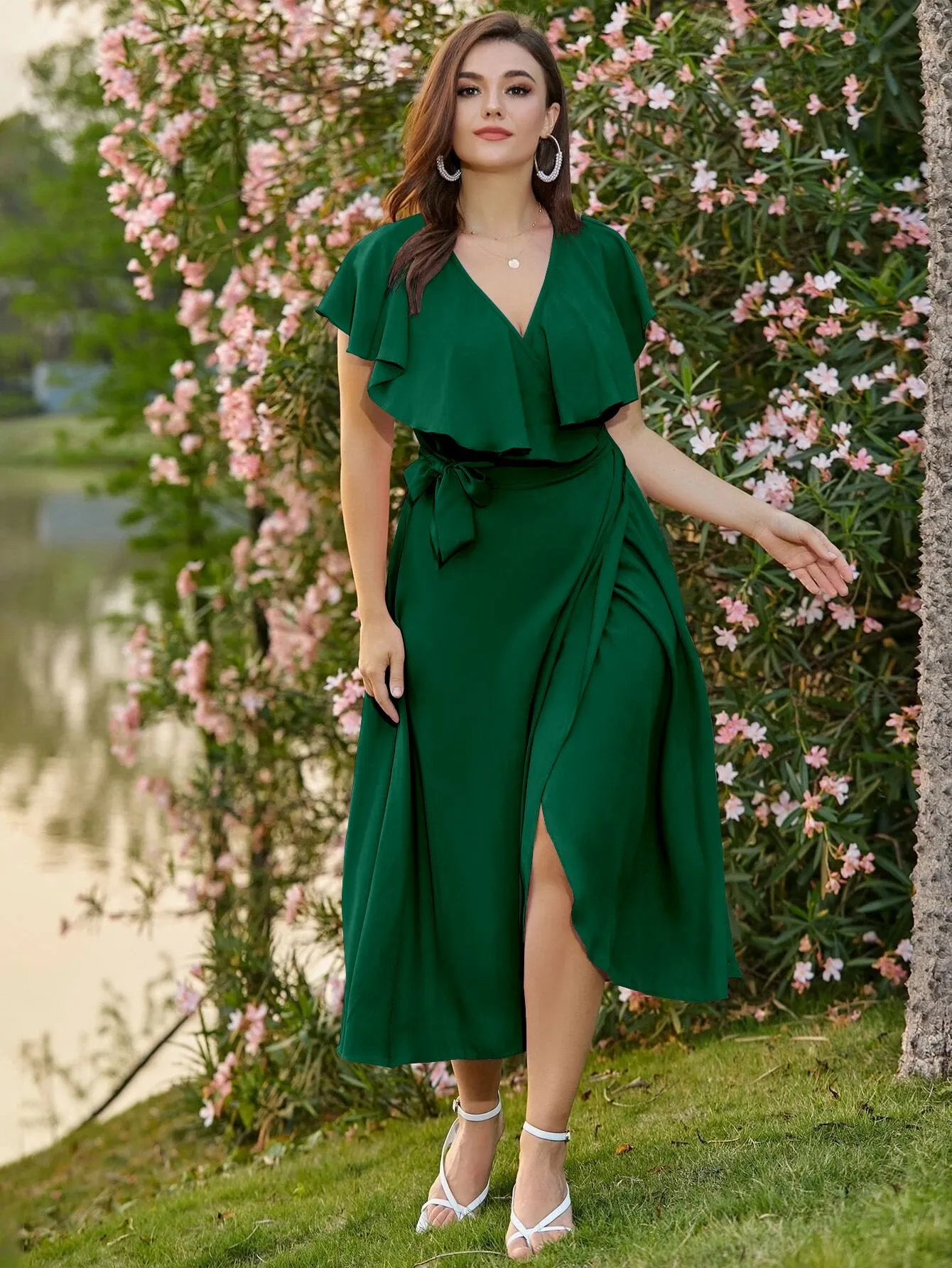 Elegant Plain Ruffle Short Sleeve V Neck Wrap High Waist Long Plus Size Dress