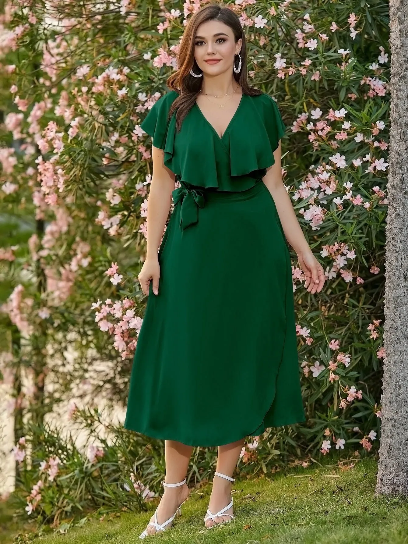 Elegant Plain Ruffle Short Sleeve V Neck Wrap High Waist Long Plus Size Dress
