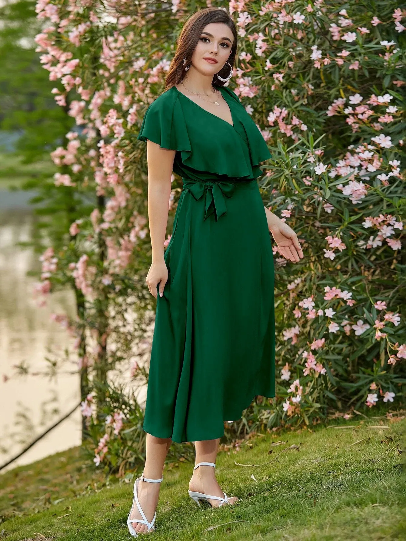 Elegant Plain Ruffle Short Sleeve V Neck Wrap High Waist Long Plus Size Dress