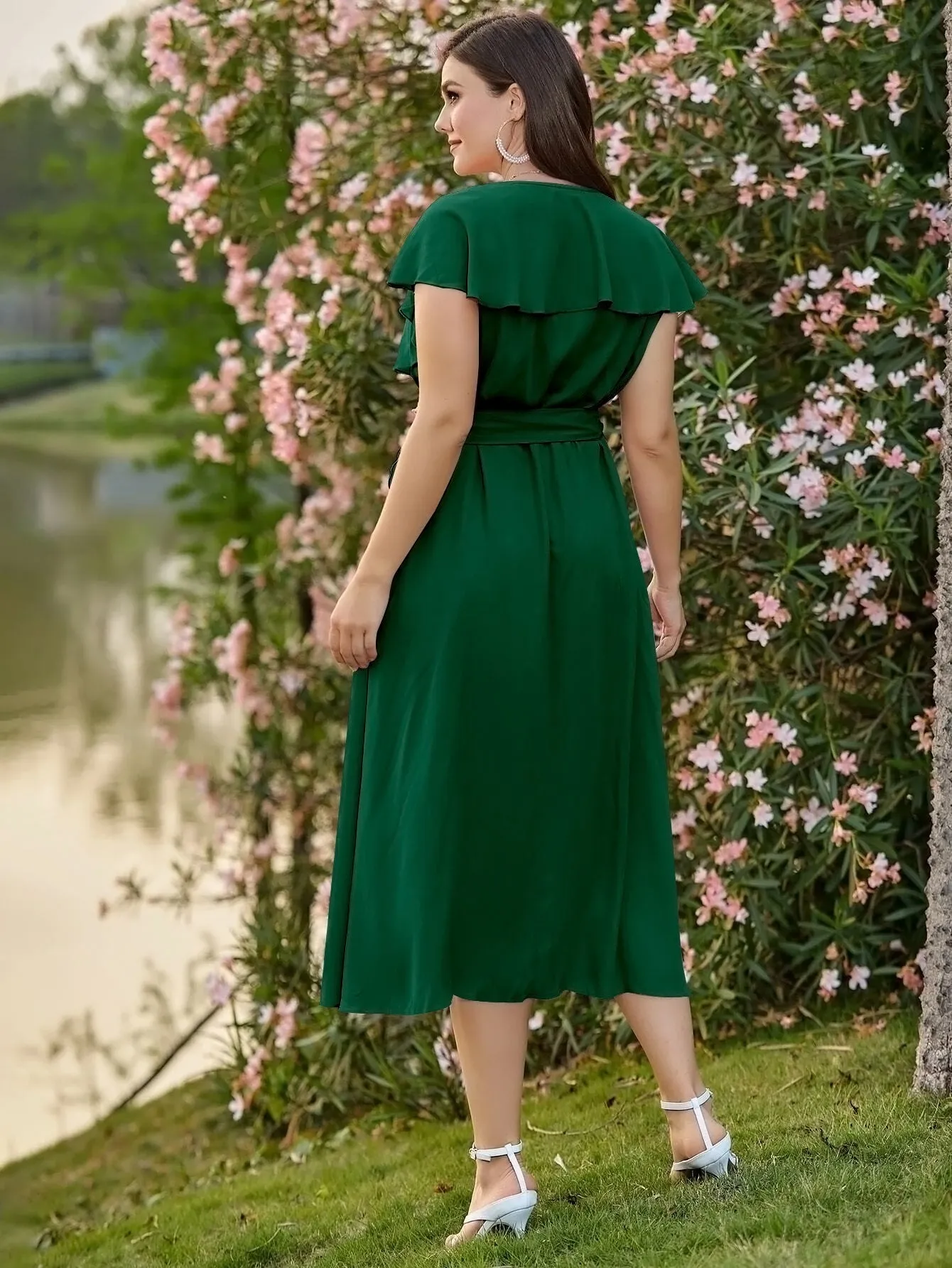 Elegant Plain Ruffle Short Sleeve V Neck Wrap High Waist Long Plus Size Dress