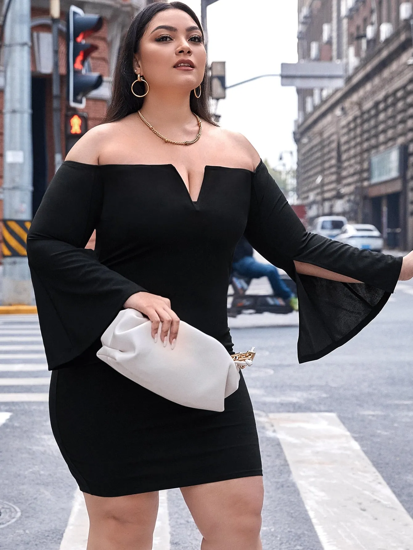 Elegant Plain Split Long Sleeve Off The Shoulder Pencil Natural Short Plus Size Dress