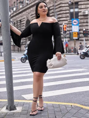 Elegant Plain Split Long Sleeve Off The Shoulder Pencil Natural Short Plus Size Dress