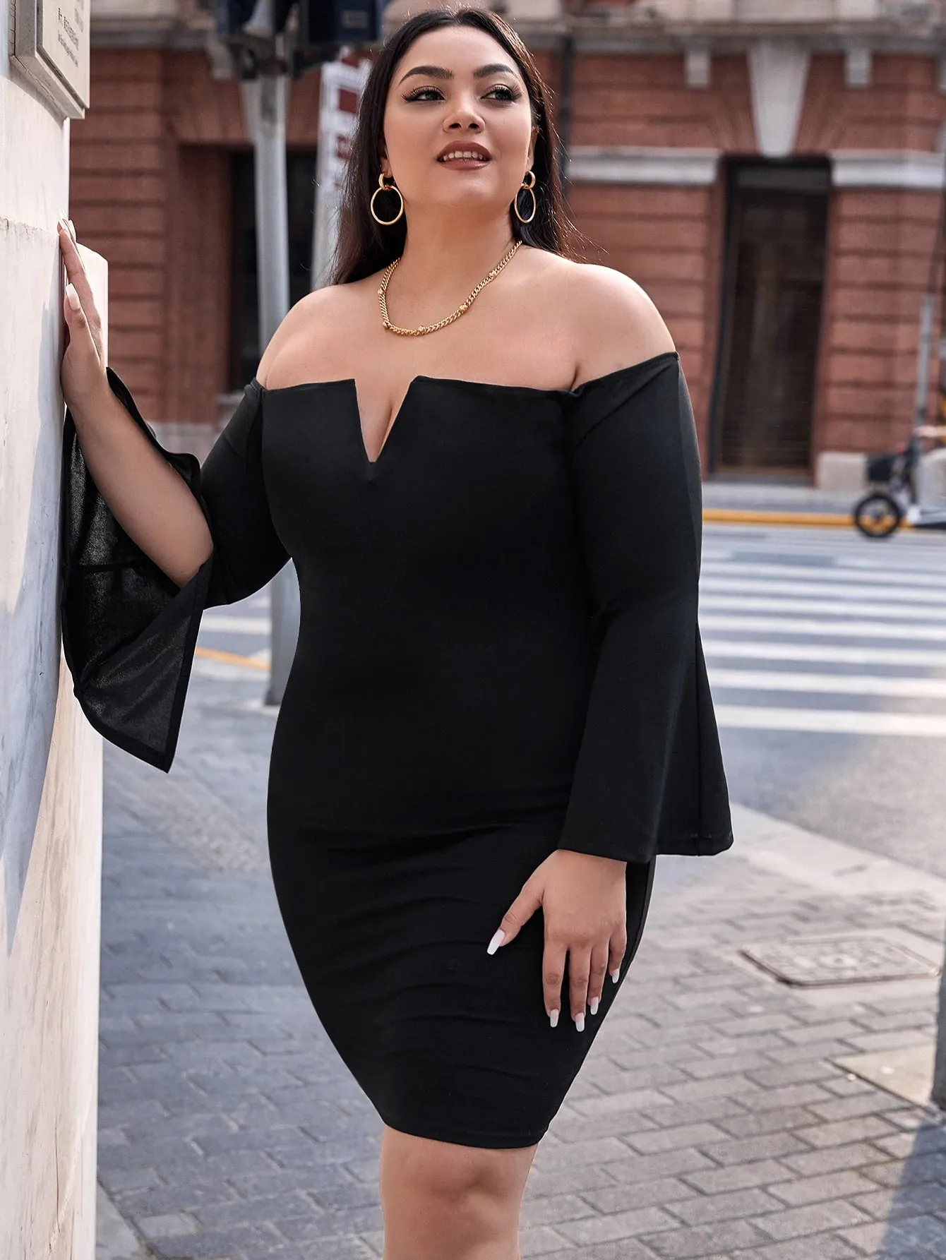 Elegant Plain Split Long Sleeve Off The Shoulder Pencil Natural Short Plus Size Dress