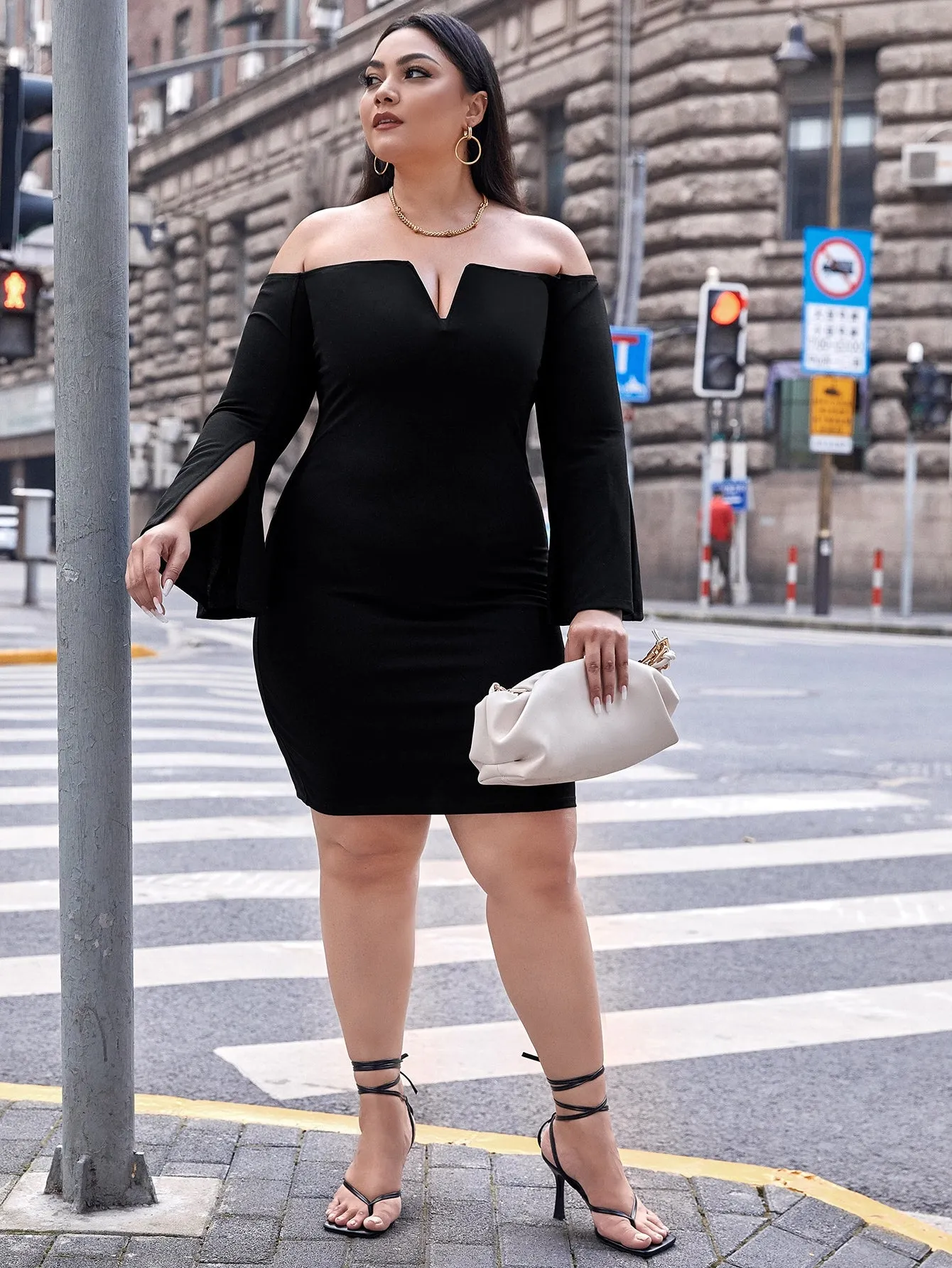 Elegant Plain Split Long Sleeve Off The Shoulder Pencil Natural Short Plus Size Dress