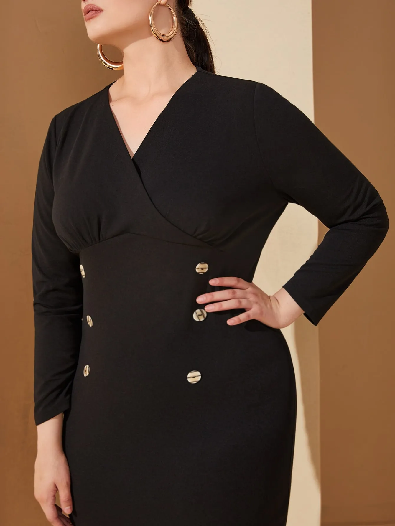 Elegant Plain Split Long Sleeve V Neck Pencil High Waist Long Plus Size Dress
