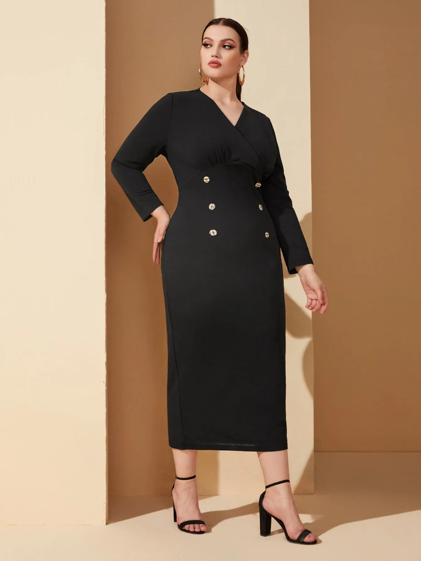 Elegant Plain Split Long Sleeve V Neck Pencil High Waist Long Plus Size Dress