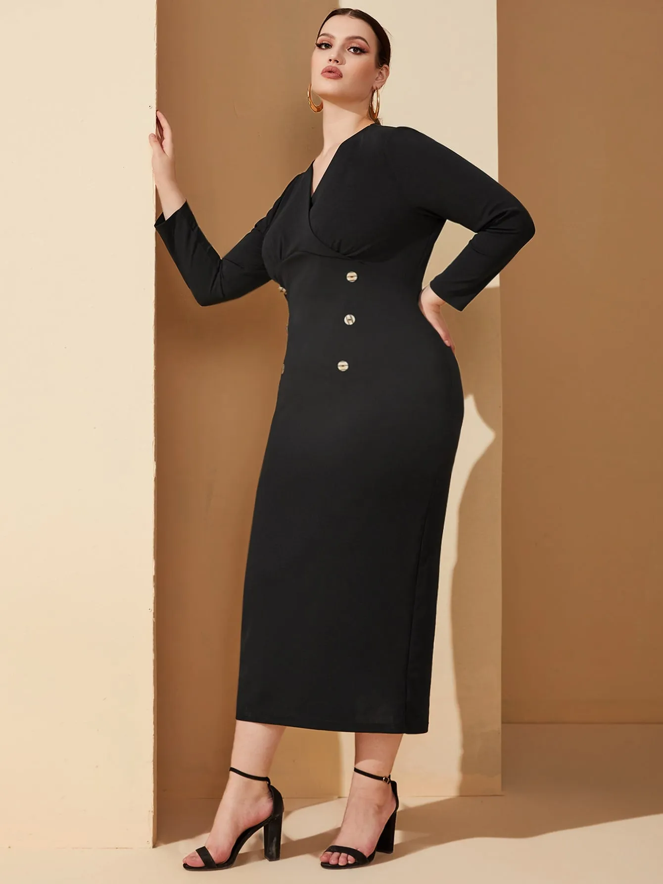 Elegant Plain Split Long Sleeve V Neck Pencil High Waist Long Plus Size Dress