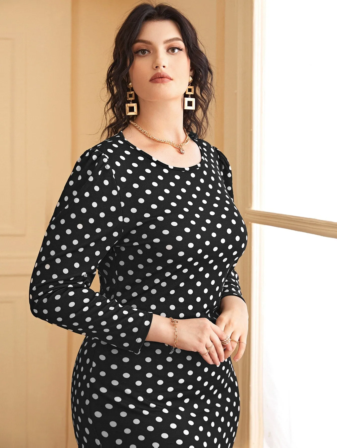 Elegant Polka Dot Ruffle Hem Long Sleeve Round Neck Mermaid High Waist Midi Plus Size Dress