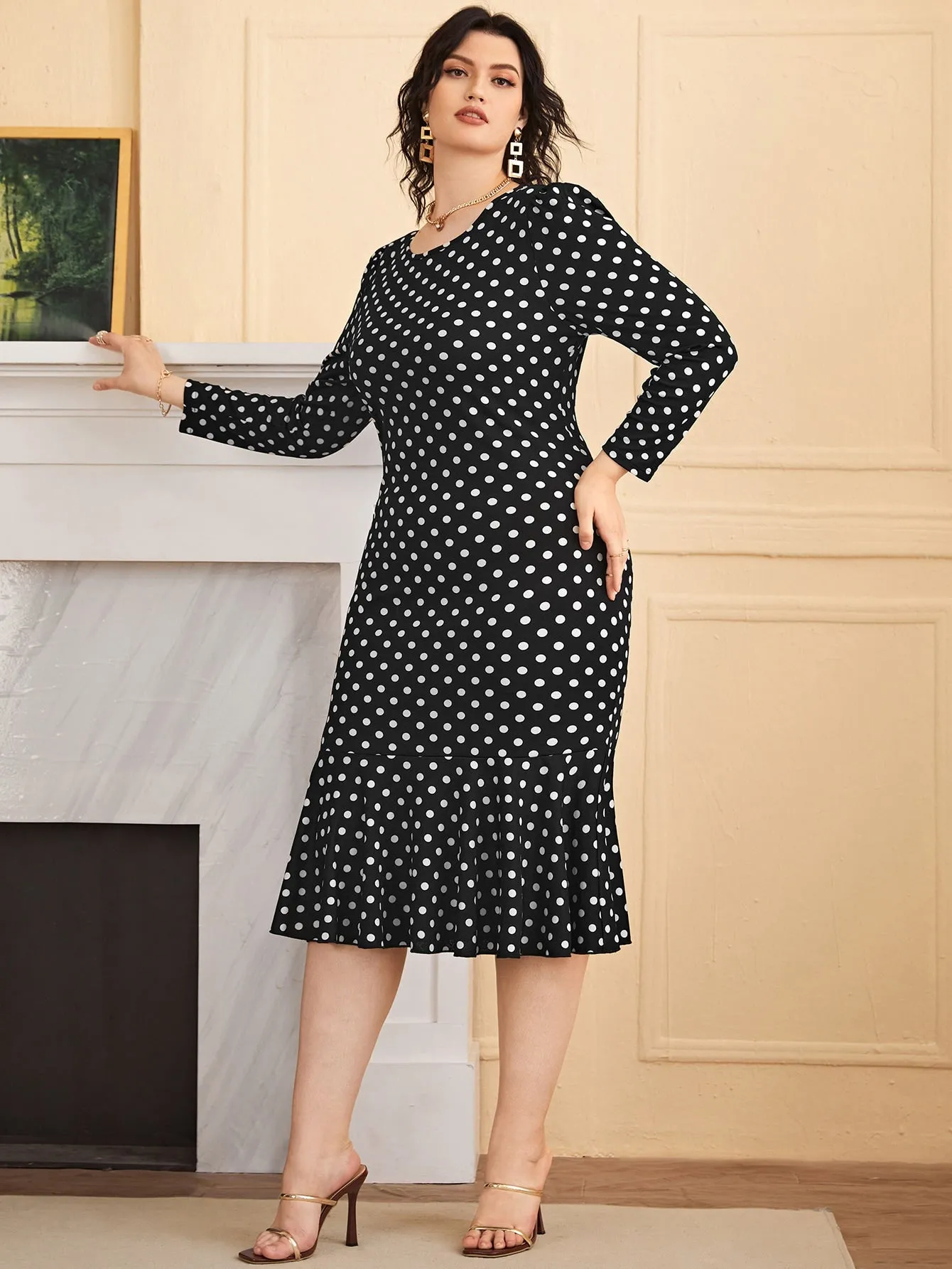 Elegant Polka Dot Ruffle Hem Long Sleeve Round Neck Mermaid High Waist Midi Plus Size Dress