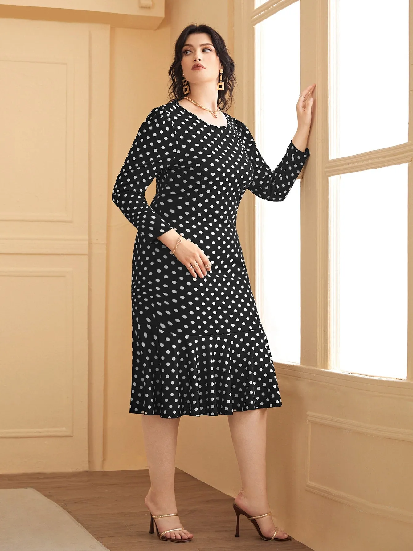Elegant Polka Dot Ruffle Hem Long Sleeve Round Neck Mermaid High Waist Midi Plus Size Dress
