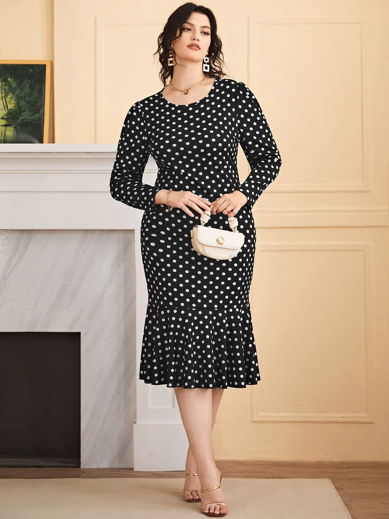 Elegant Polka Dot Ruffle Hem Long Sleeve Round Neck Mermaid High Waist Midi Plus Size Dress