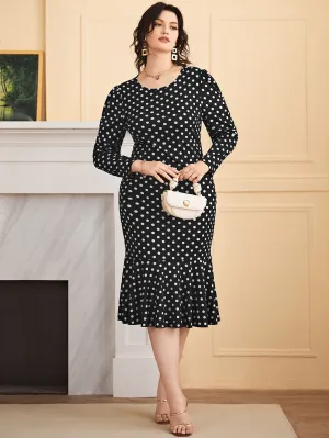 Elegant Polka Dot Ruffle Hem Long Sleeve Round Neck Mermaid High Waist Midi Plus Size Dress