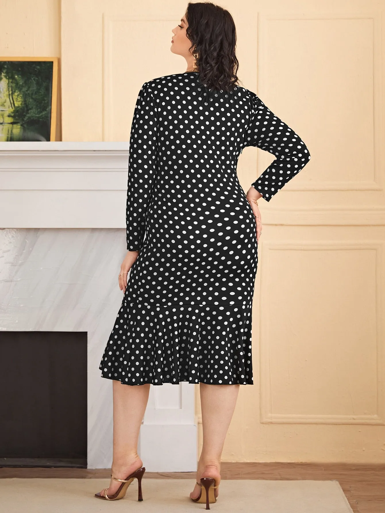 Elegant Polka Dot Ruffle Hem Long Sleeve Round Neck Mermaid High Waist Midi Plus Size Dress