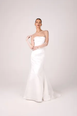 Elegant Satin and Sheer Illusion Pearl-Embellished Mermaid Wedding Dress