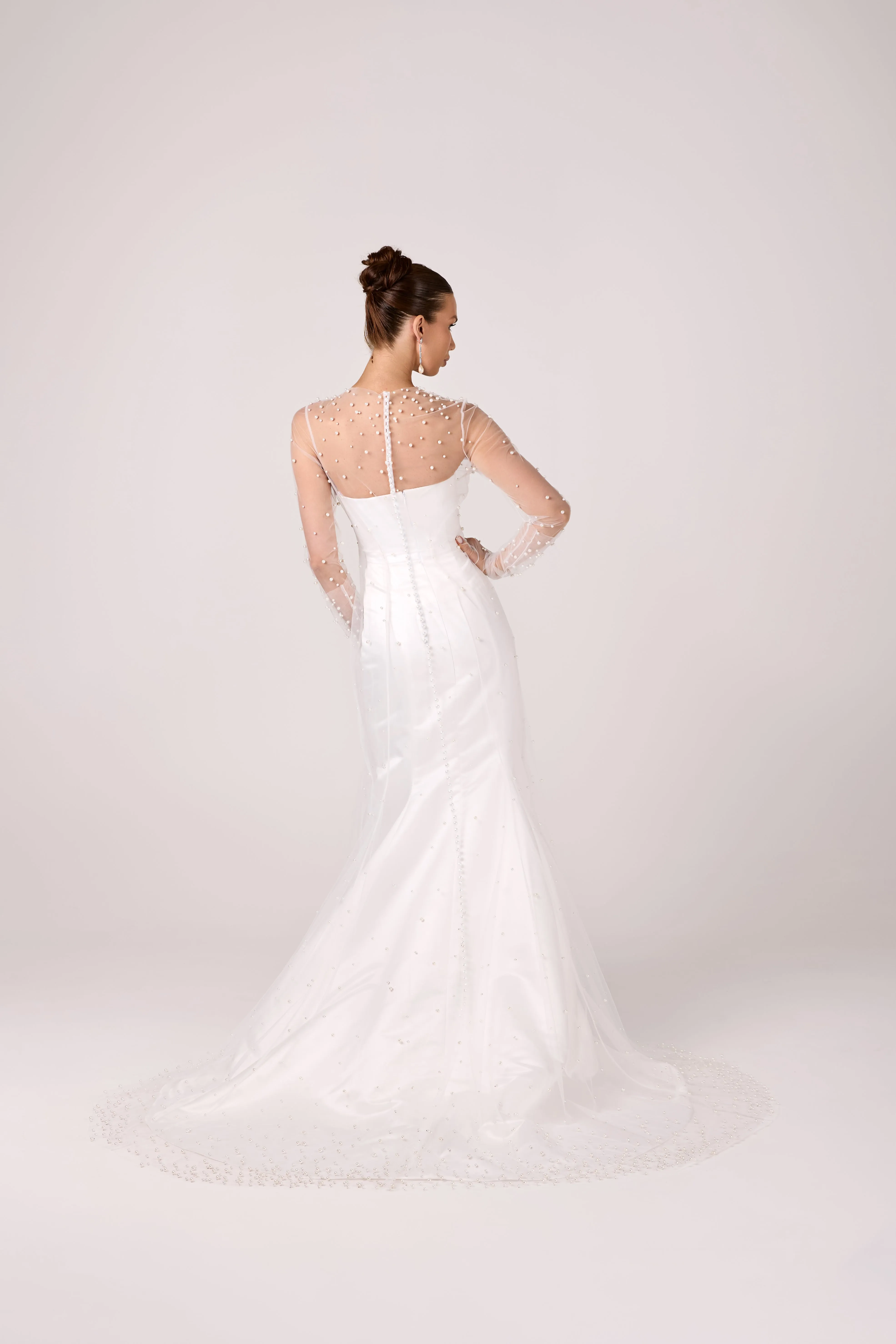 Elegant Satin and Sheer Illusion Pearl-Embellished Mermaid Wedding Dress