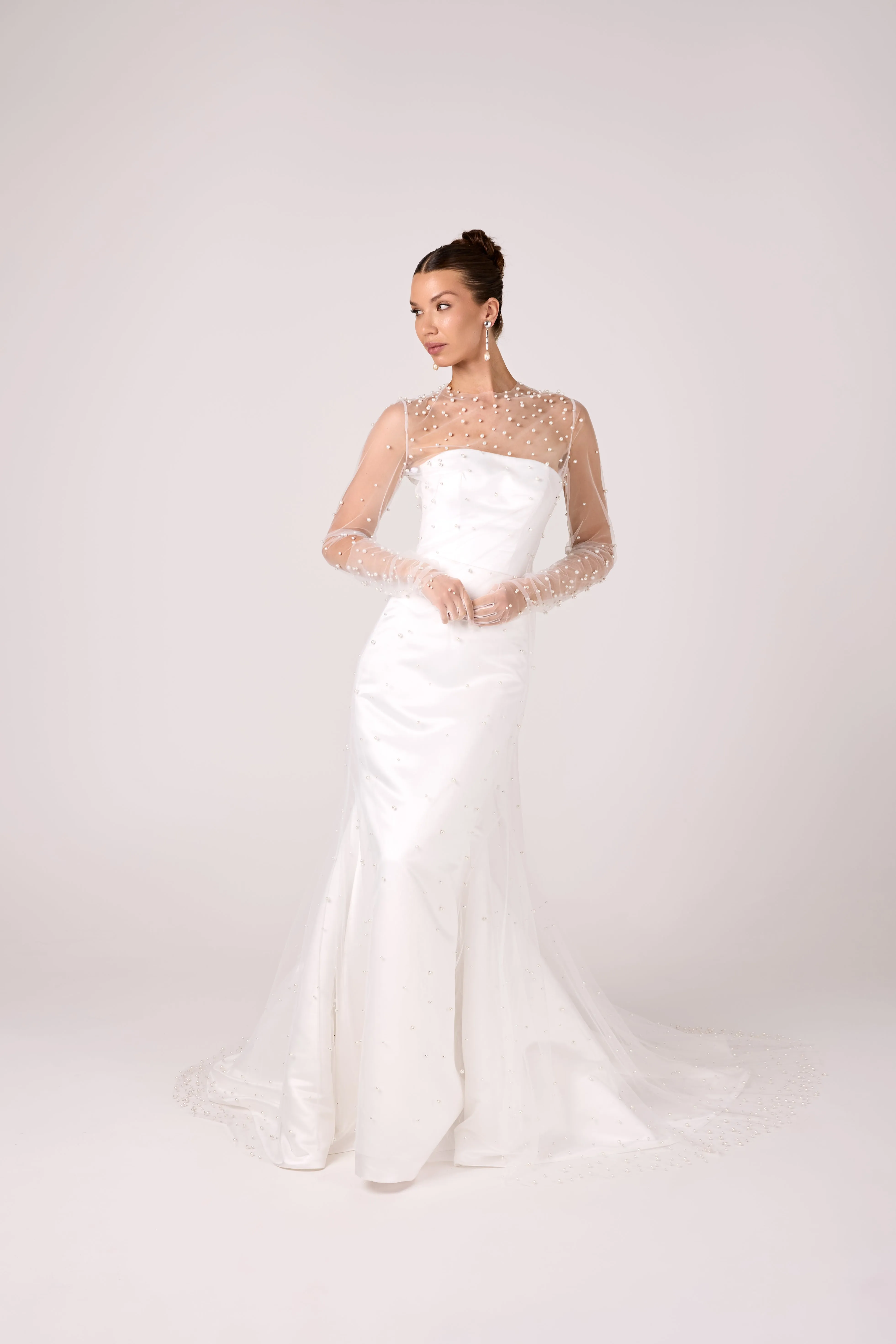 Elegant Satin and Sheer Illusion Pearl-Embellished Mermaid Wedding Dress