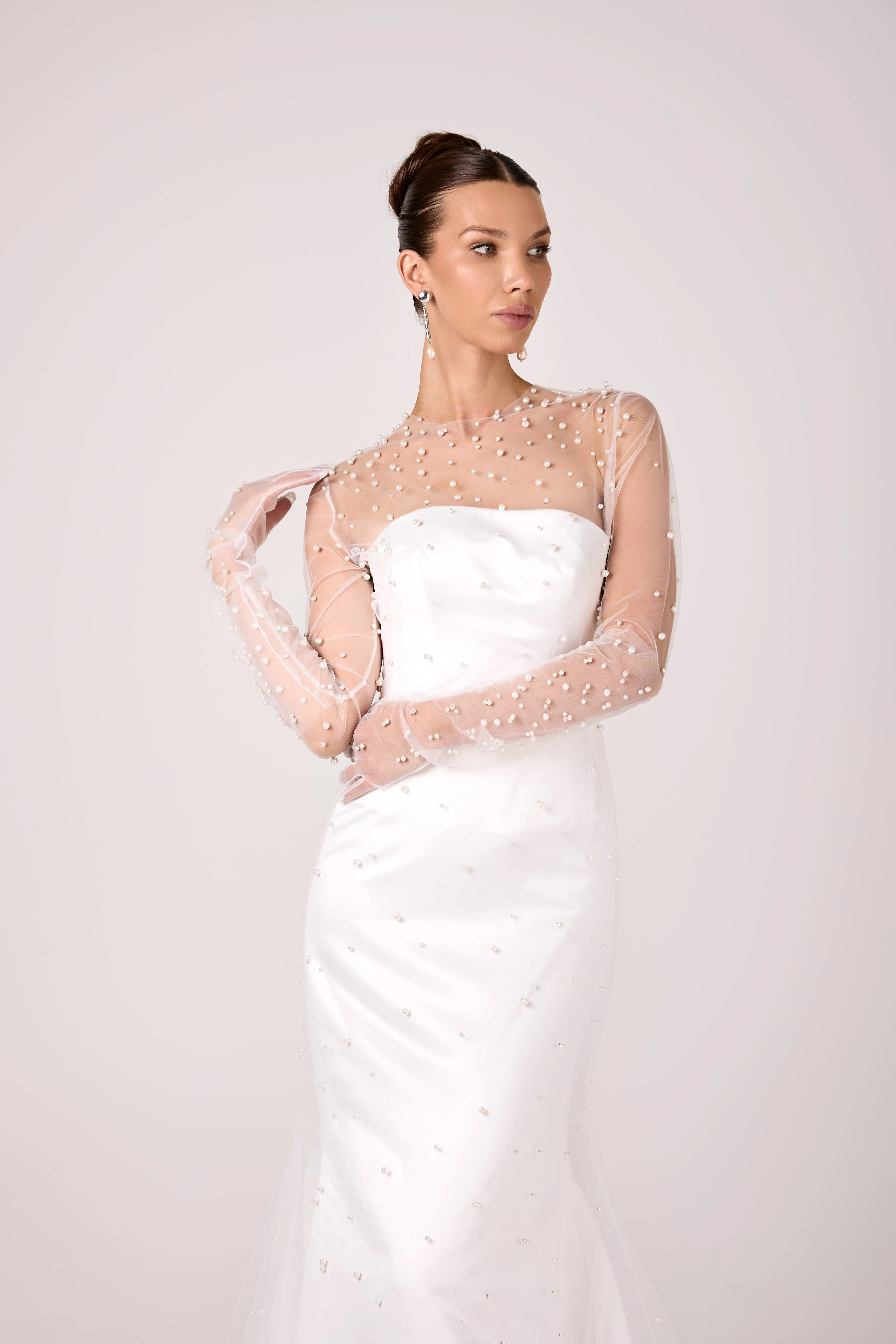 Elegant Satin and Sheer Illusion Pearl-Embellished Mermaid Wedding Dress