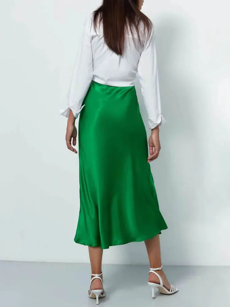 Elegant Women&#39;s Skirts Korean Fashion Satin Silk A-line Skirt Office Black Champagne Long Summer Skirts Woman Fashion 2024