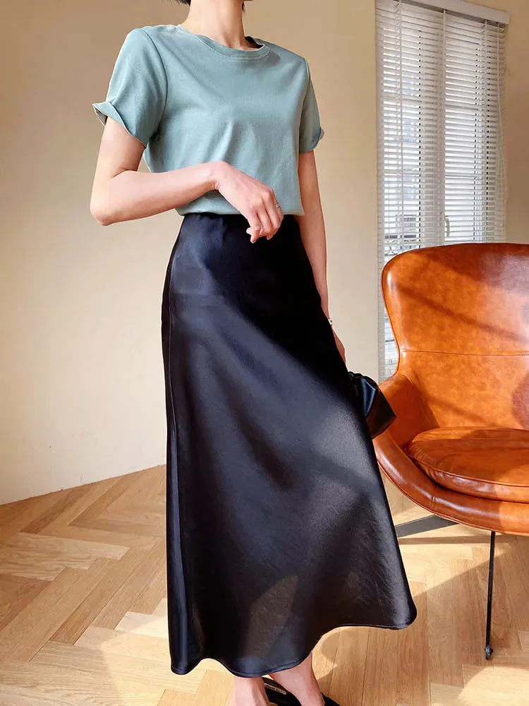 Elegant Women&#39;s Skirts Korean Fashion Satin Silk A-line Skirt Office Black Champagne Long Summer Skirts Woman Fashion 2024