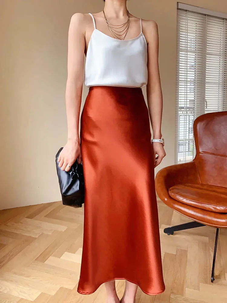 Elegant Women&#39;s Skirts Korean Fashion Satin Silk A-line Skirt Office Black Champagne Long Summer Skirts Woman Fashion 2024