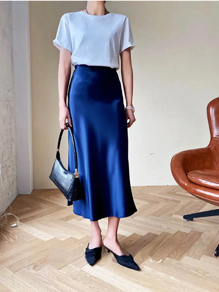 Elegant Women&#39;s Skirts Korean Fashion Satin Silk A-line Skirt Office Black Champagne Long Summer Skirts Woman Fashion 2024
