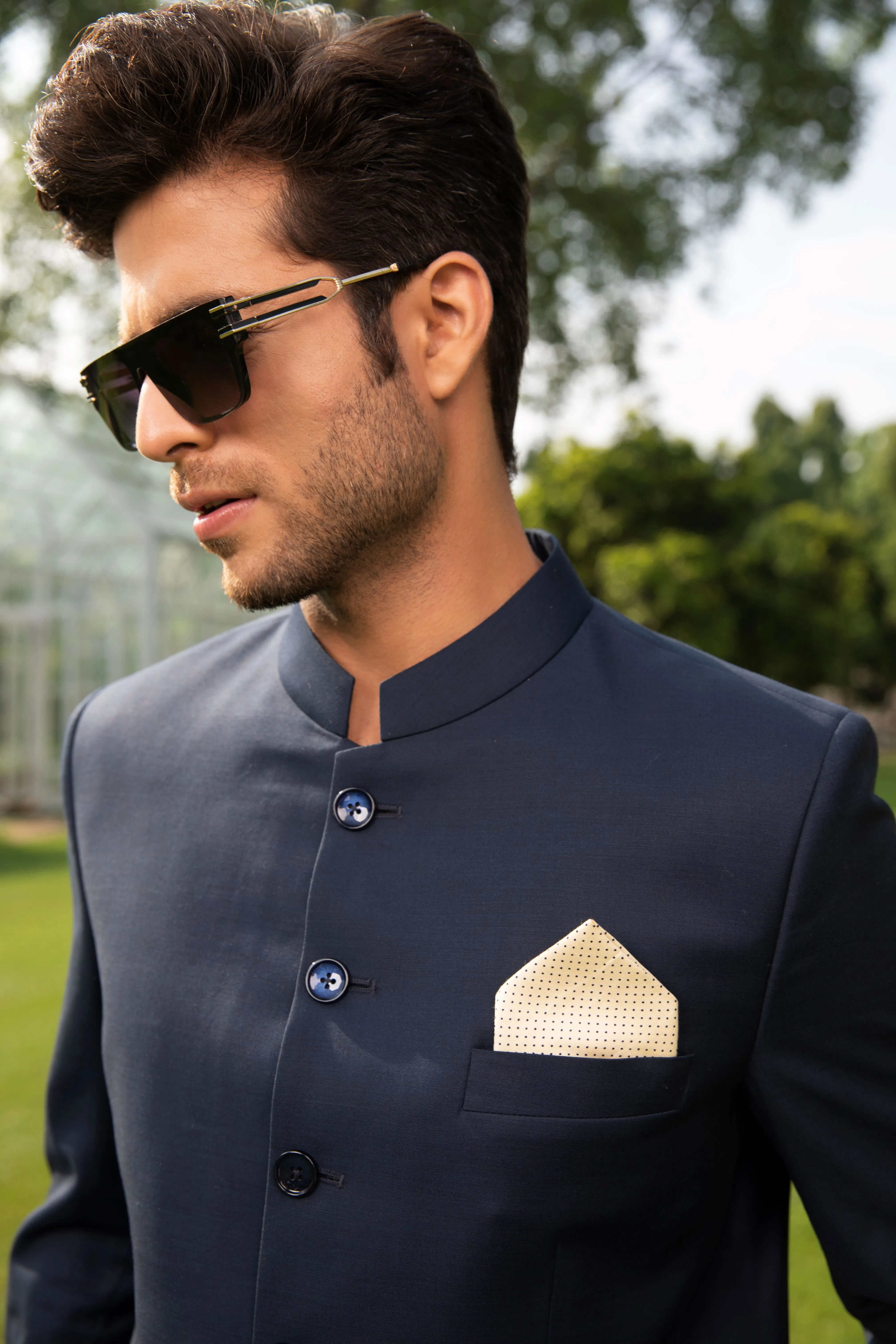 Elegant Yellow Cotton Pocket Square with Blue Dots | Men's Accessory