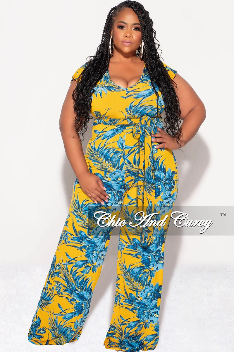 Final Sale Plus Size Faux Wrap Flutter Sleeve Jumpsuit with Tie in Mustard and Turquoise Leaf Print Adjustable drawstring