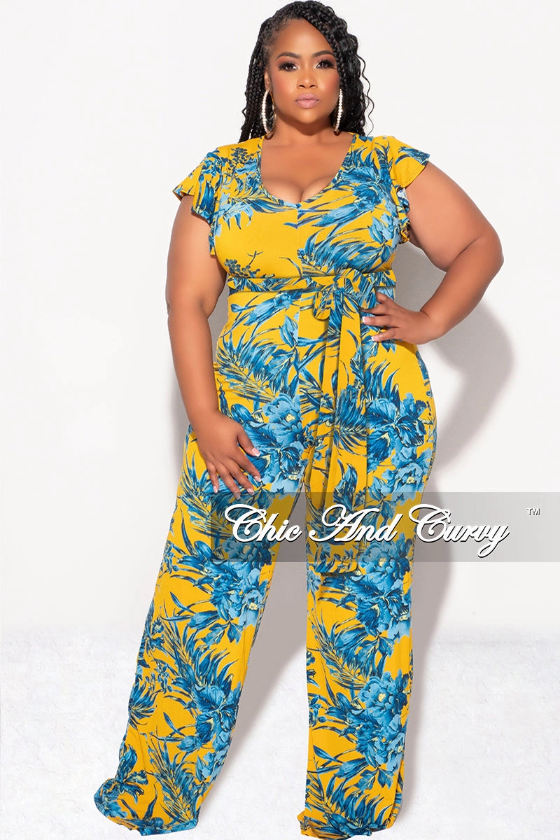 All terrain Final Sale Plus Size Faux Wrap Flutter Sleeve Jumpsuit with Tie in Mustard and Turquoise Leaf Print