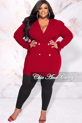 Casual Flex Slim Wear Design Final Sale Plus Size Button Blazer Dress with Feather Cuffs in Red