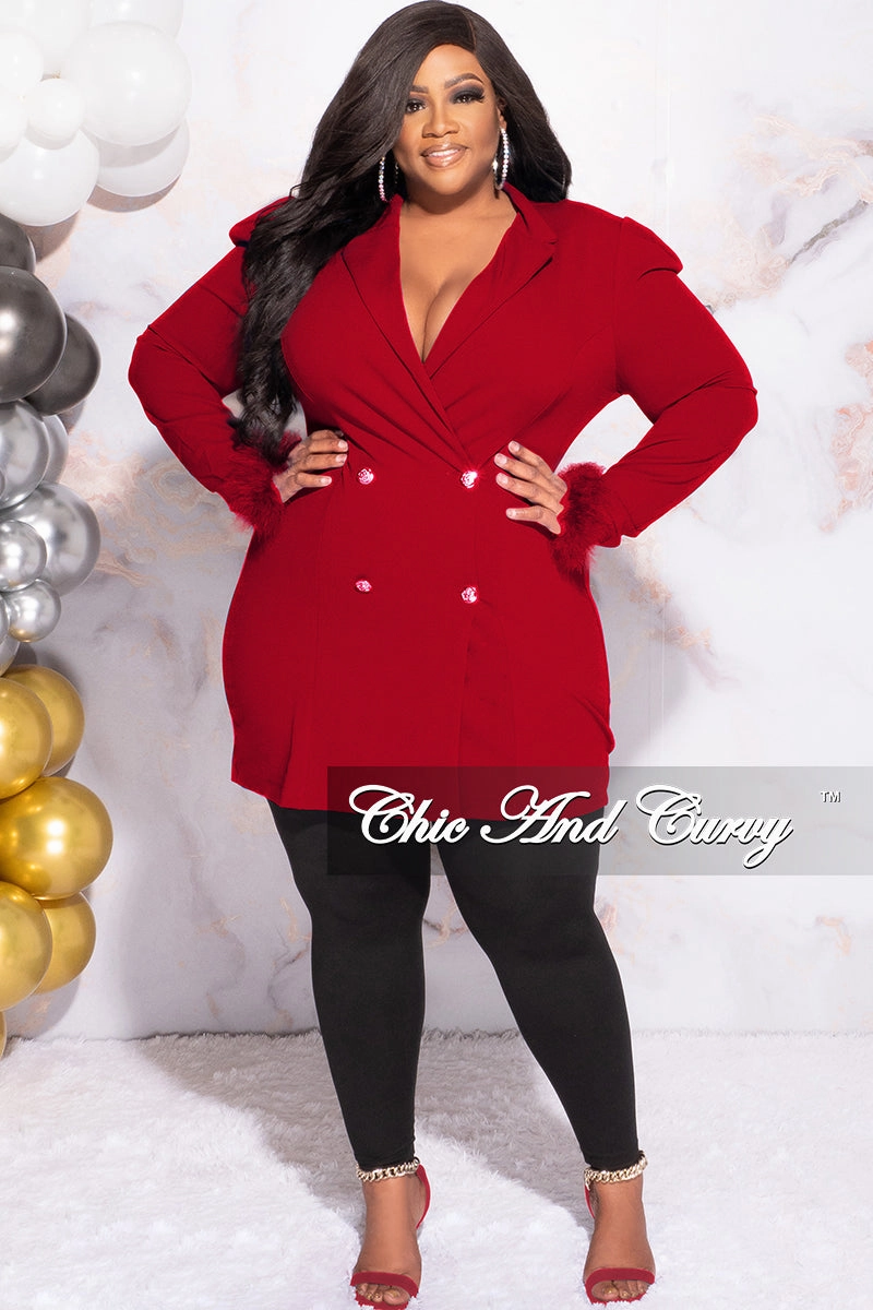 Final Sale Plus Size Button Blazer Dress with Feather Cuffs in Red Outdoor Use