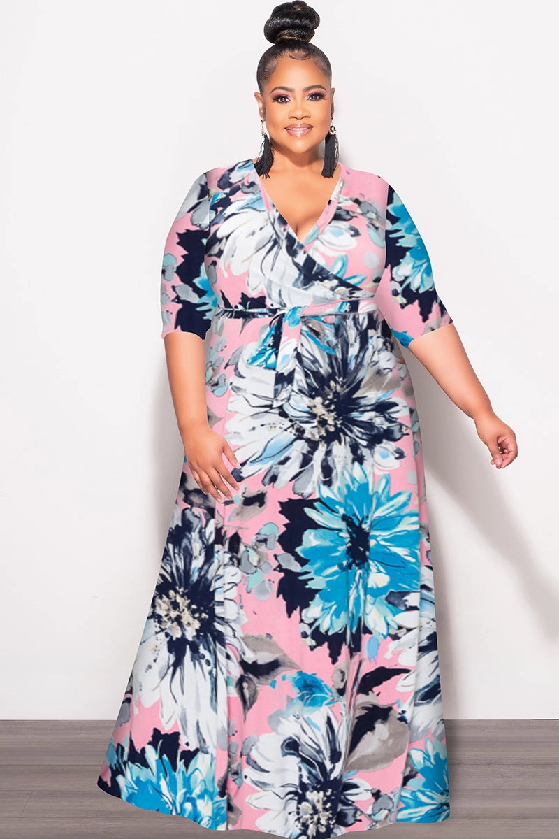 Free Movement Stretch Panel Final Sale Plus Size Faux Wrap Dress in Blue Floral Print