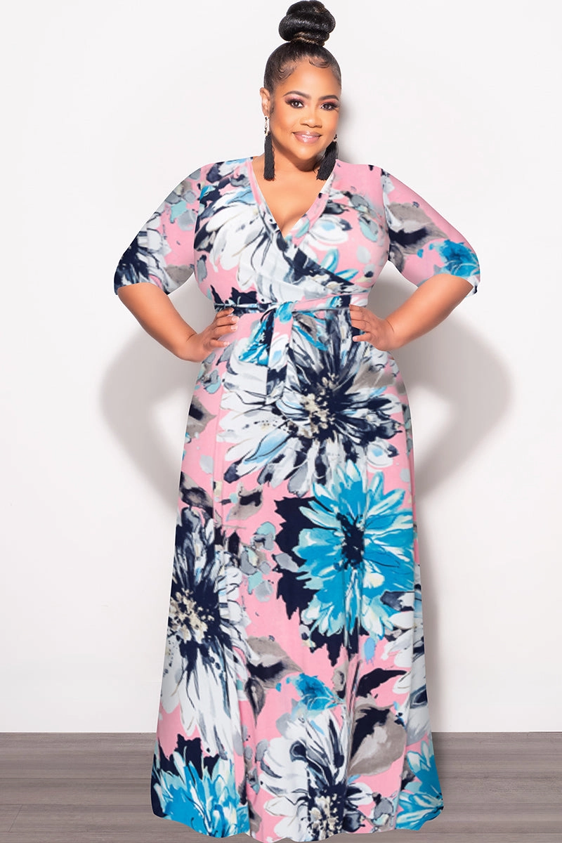 Everyday Ease Final Sale Plus Size Faux Wrap Dress in Blue Floral Print